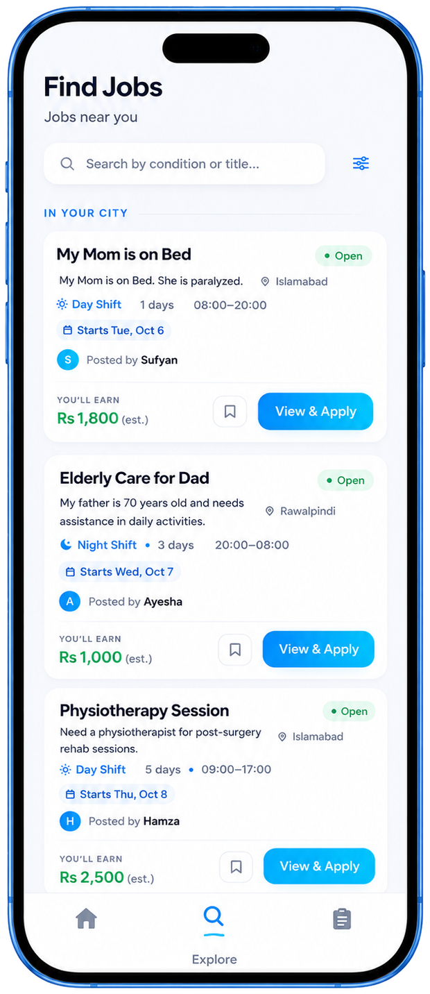The Qare app showing nearby jobs: shift type, dates, city, who posted it and the estimated earnings for each.