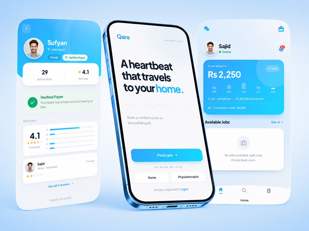 Three Qare app screens: a family profile, the welcome screen, and a nurse's job dashboard.